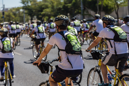 LISBON, PORTUGAL - July 23,2017: Start event is "World Bike Tour 2017" on street of european city Liabon near tower of Belem and Padrao dos Descobrimentos.のeditorial素材