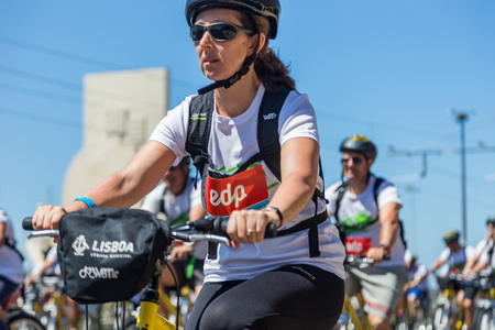 LISBON, PORTUGAL - July 23,2017: Start event is "World Bike Tour 2017" on street of european city Liabon near tower of Belem and Padrao dos Descobrimentos.のeditorial素材