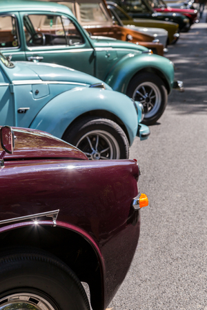 Details reto car show on street of the city. european and american old classic automobilesの写真素材