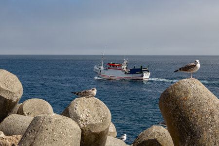 Sesimbra, Setubal, Portugal - September 01, 2021: Fishing port, a place of repair and parking of...