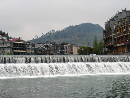 Waterfall in the town of Fenghuang, Hunan Province, Chinaの写真素材