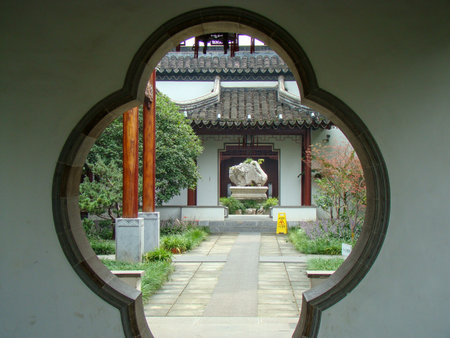 Chinese ancient architecture in a park, closeup of photo, Chinaの写真素材