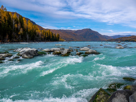 Mountain river in autumn. Siberia, Russiaの写真素材