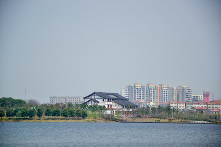 Houses by the lake in the city of Heilongjiangの写真素材