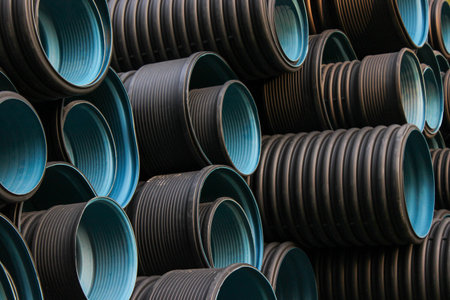 Close up of a pile of black and blue plastic pipes for construction.の写真素材
