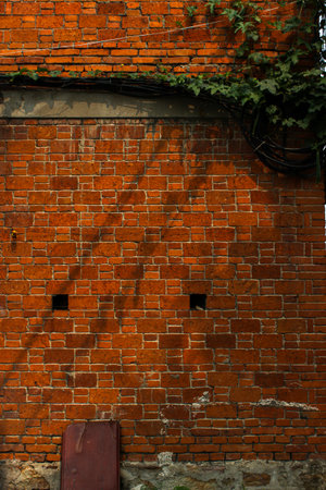 Red brick wall with shadow of an old door in the city.の写真素材