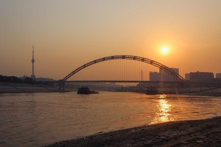 Sunset on the Dnieper river in Kiev, Ukraine.の写真素材