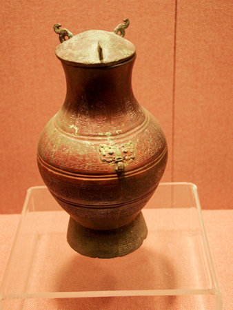 Chinese ancient bronze ware in the museum, close-up of photoの写真素材