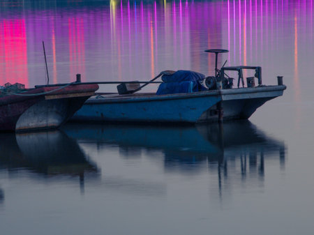 fishing boat on the lake in the evening,Thailand.の写真素材