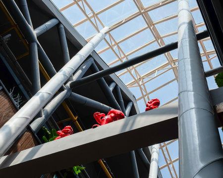 Red tulips on the roof of the building