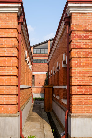 Red brick wall of the old school building in the city of Seoul, South Koreaの写真素材