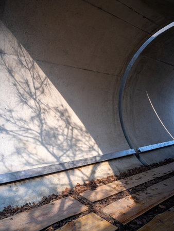Concrete tunnel with shadow of trees on the ground. Perspective view.の写真素材