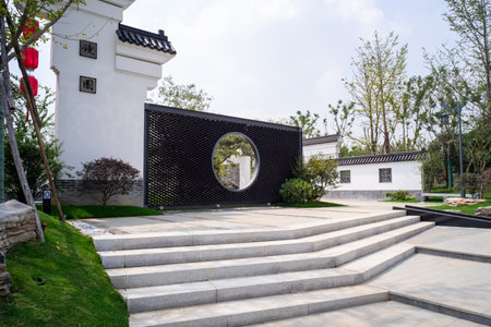 Entrance of a temple in the park, closeup of photoの写真素材