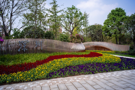 Colorful flowerbed in the public park, Shenzhen, Chinaの写真素材