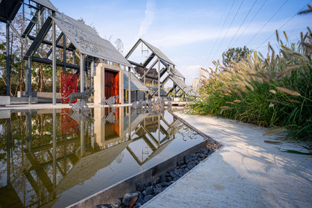 The house is reflected in the water.の写真素材