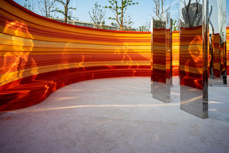 Reflection of red and orange curtains on the concrete floor in the parkの写真素材