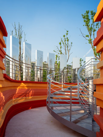 Modern architecture in the city of Madrid, Spain. View from the stairsの写真素材