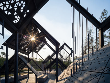 Modern architecture in the park with sunbeams and lens flare.の写真素材