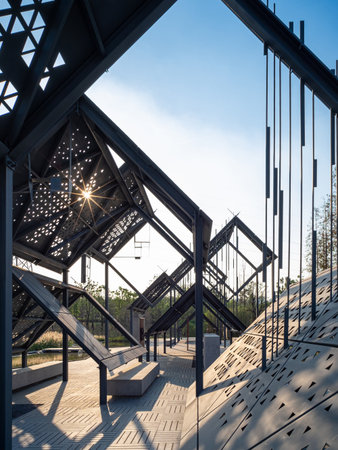 Modern architecture in the park. Perspective view of the walkway.の写真素材