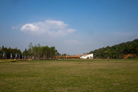green grass field and blue sky in the public park, Thailand.の写真素材