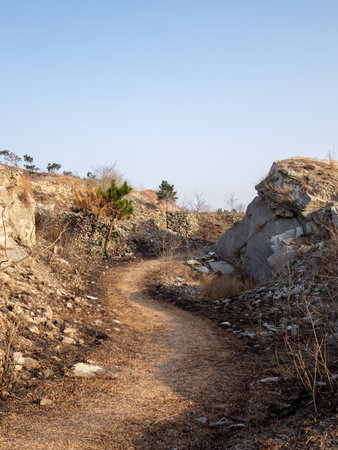 Landscape with a stone path leading to the top of the mountainの写真素材