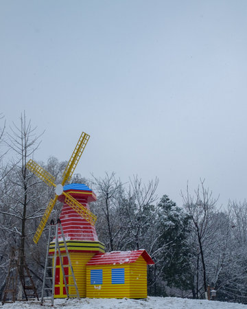 windmill in the snow, closeup of photo with shallow depth of fieldの写真素材