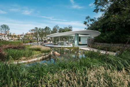 Qinhuangdao, Hebei Province, China - September 16, 2018: A white modern pavilion with a curved roof stands next to a pond filled with aquatic plants under a clear blue sky.のeditorial素材