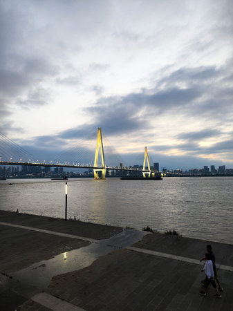 Wuhan, Hubei Province, China - May 30, 2023: The white cables and pillars of the Erqi Yangtze River...