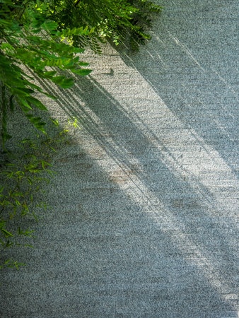 A vertical close-up of a stone-textured garden wall with intricate light and shadow patterns cast by...