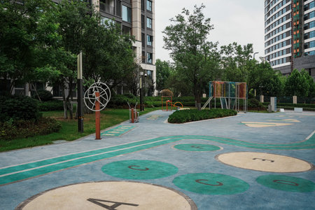 A vibrant children's playground featuring colorful activity tracks and exercise equipment in a lush...