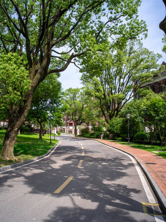 Description: A winding road through a lush residential park with tall trees and manicured...