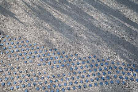 Close-up view of blue tactile paving (braille paving) on a gray stone path, highlighting...