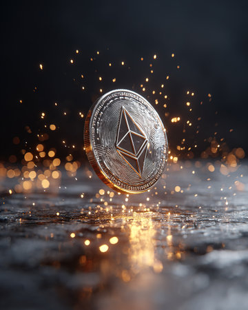 Ethereum coin on a dark background. Digital currency. Cryptocurrency.の素材