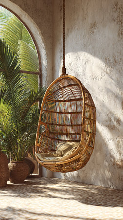 Bohemian rattan hanging egg chair on a sunlit patio with lush tropical plants.の素材