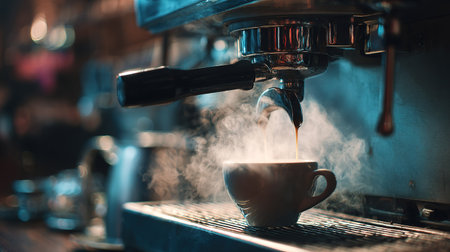 Coffee machine making a cup of coffee in a cafe.の素材