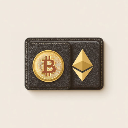Golden ethereum coin on a black leather wallet. Vector illustration.の素材