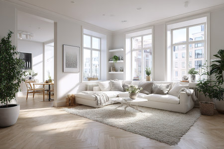 modern bright interiors apartment Living room 3D rendering illustration computer generated imageの素材