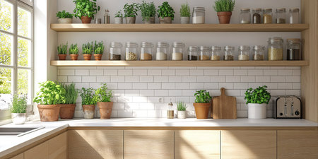 3d render of modern kitchen with white brick wall and wooden countertopの素材