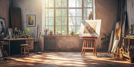 Painting studio interior with wooden easel and artist tools. 3D Renderingの素材