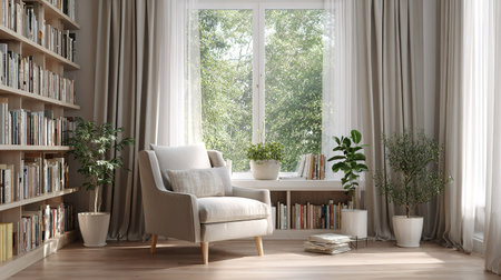 Interior of modern living room with bookshelf 3D renderingの素材