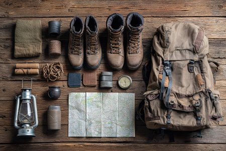 Hiking equipment and map on wooden background. Top view with copy spaceの素材