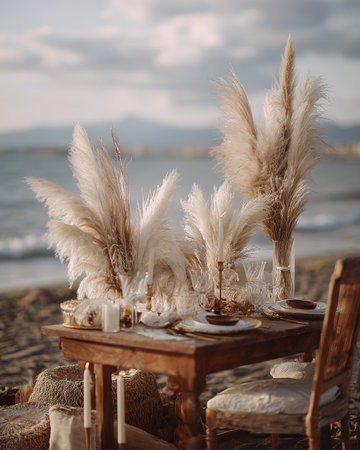 Wedding table setting on the beach at sunset. Wedding decorの素材