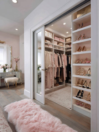 Dreamy pink walk-in closet featuring extensive storage and vanity.の素材