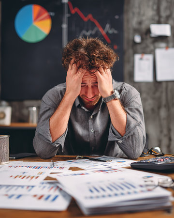 Overwhelmed businessman facing financial problems, debt, and economic downturn at his office desk.の素材