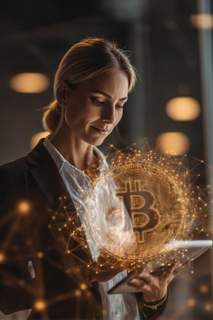 A blonde businesswoman engages with a digital Bitcoin hologram on her tablet, symbolizing finance and innovation.の素材