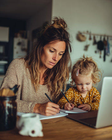 A focused mother and her young child engaging in a shared learning moment, both writing in notebooks at a wooden table with a laptop nearby.の素材