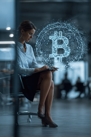 A professional woman interacts with a glowing, holographic Bitcoin symbol, representing future finance, cryptocurrency, blockchain and digital investment.の素材