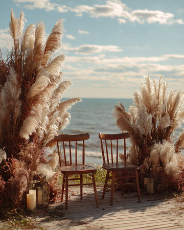 An elegant outdoor setting with two wooden chairs, framed by bohemian pampas grass decor, overlooking a serene ocean and sky. Ideal for weddings, engagements, or special events.の素材