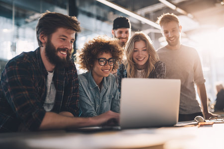 Young diverse professionals smiling, collaborating on a laptop in a bright, modern office setting.の素材