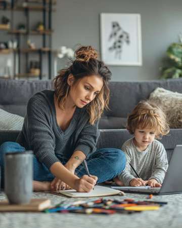 Mother and child on floor, mom writing, child with laptop, creative learning.の素材